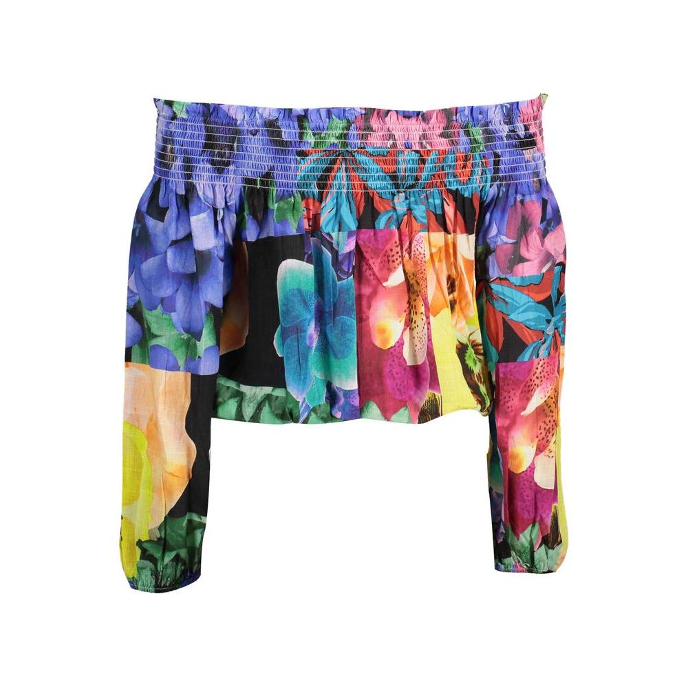 Colorful floral crop top with off-the-shoulder design, featuring a vibrant mix of hues and a ruched, elastic neckline.