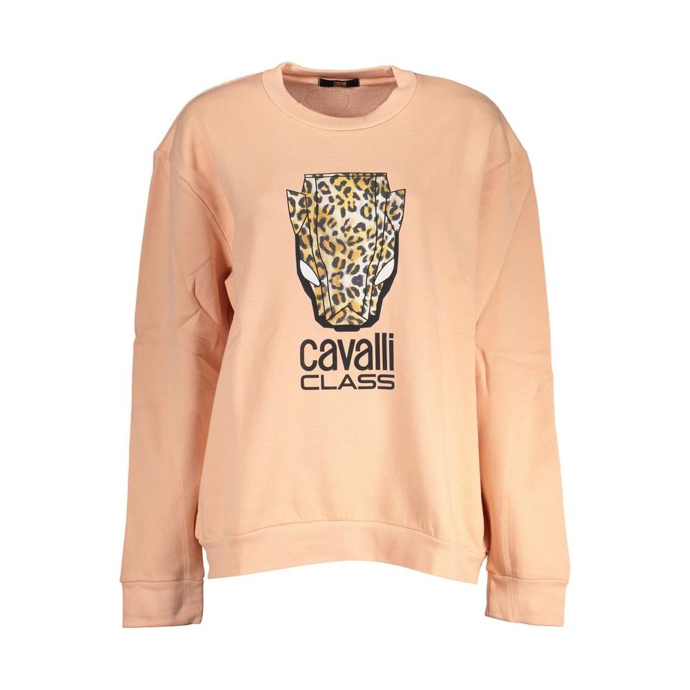 Cavalli Class pink fleece crew neck sweater with stylish leopard print and logo, perfect for layering and adding chic elegance to any outfit.