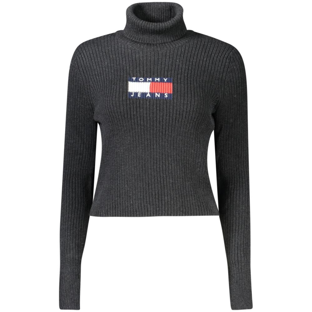 Tommy Hilfiger black turtleneck sweater for women with logo embroidery, stylish and warm polyester design.