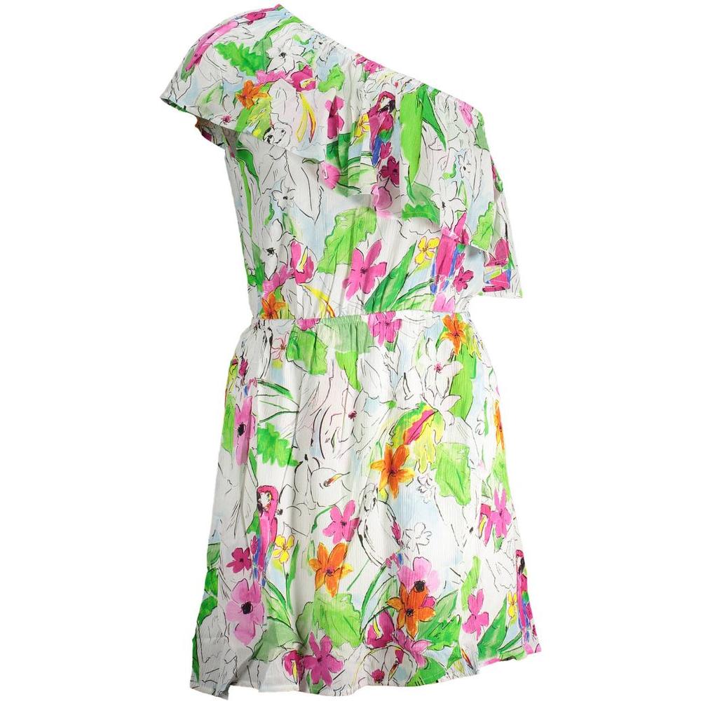 Desigual white viscose women dress with floral pattern, one-shoulder design, and an elastic waist for a flattering fit.