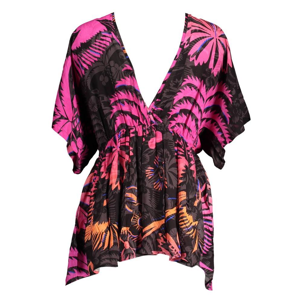 Desigual Black Viscose Women's Dress with Pink Floral Pattern, V-neckline, Short Sleeves, Elastic Waistband, and Bare-Back Design.