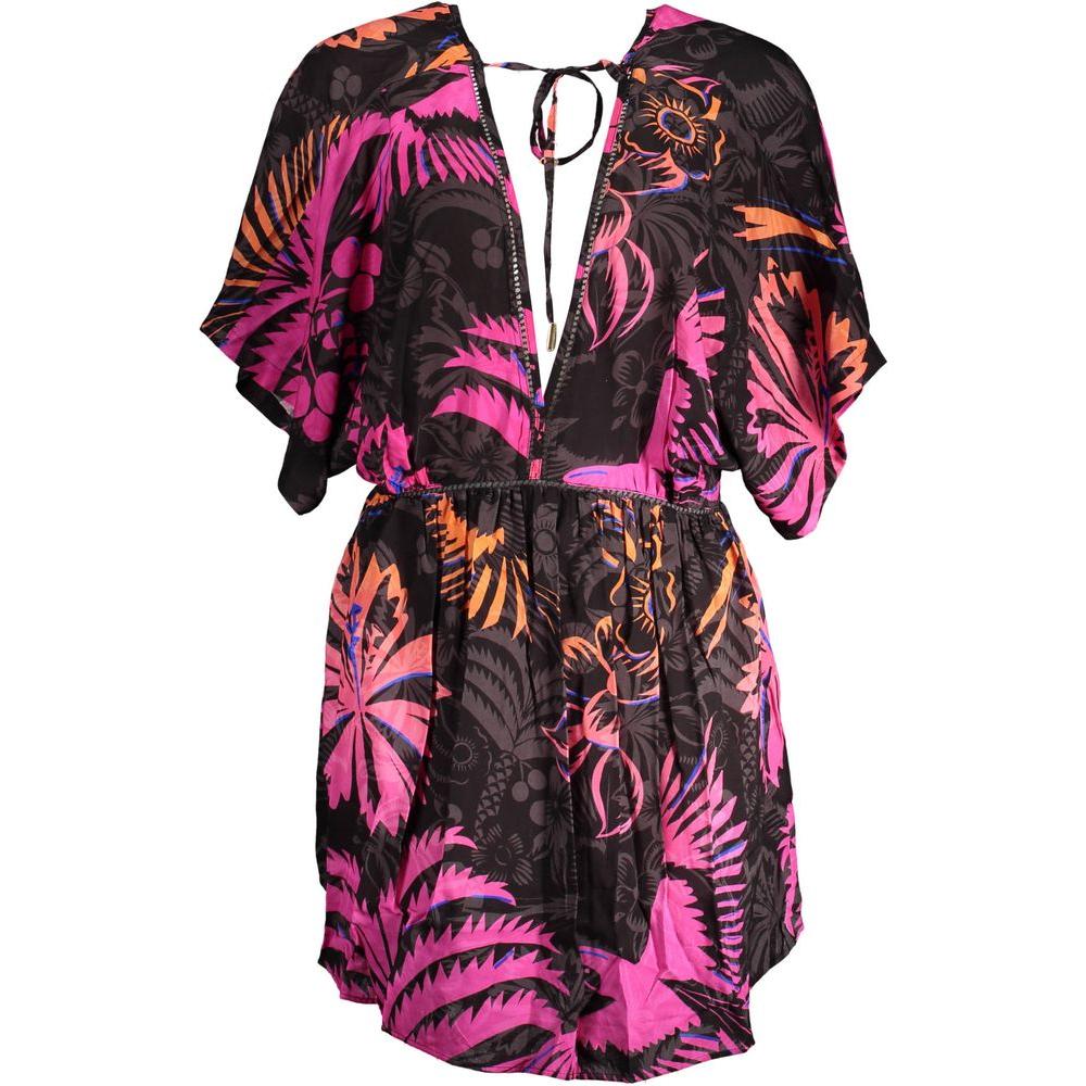Desigual black viscose women's dress with floral pattern, V neckline, and bare-back feature, short sleeves, and elastic waistband.