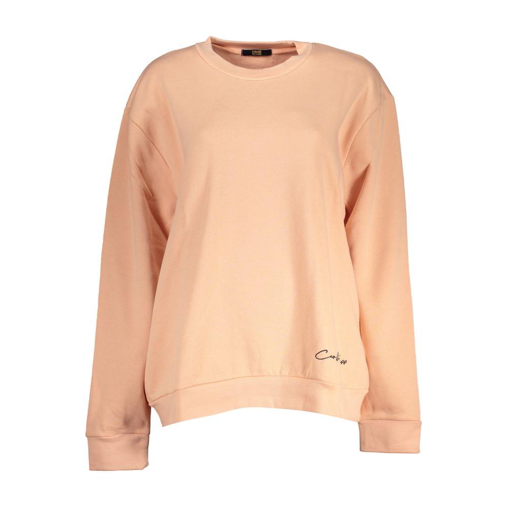 Cavalli Class elegant long-sleeved pink fleece sweatshirt with signature logo embroidery, cotton-polyester blend, made in Italy.