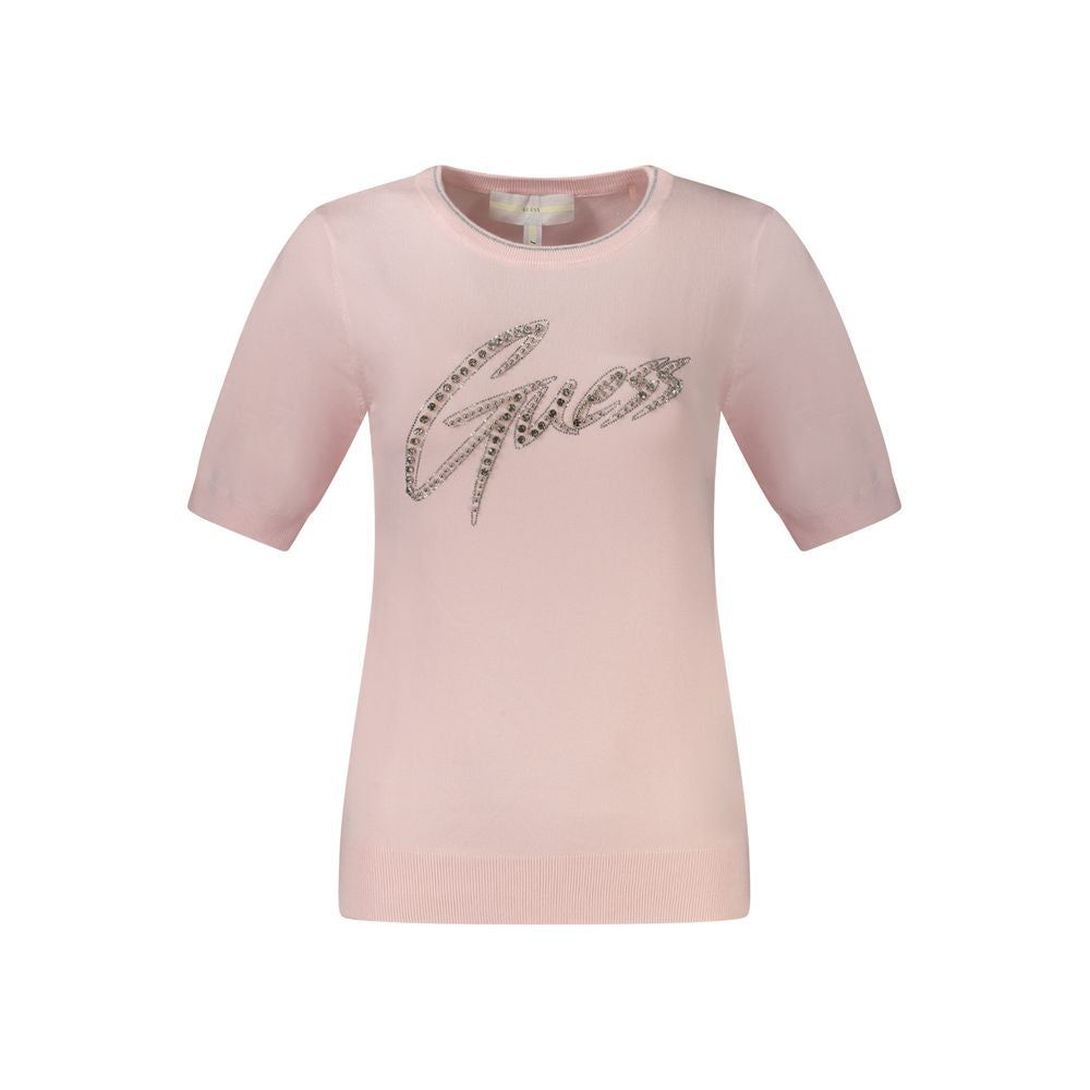 Guess Jeans Pink Viscose Women Sweater with Rhinestone Logo