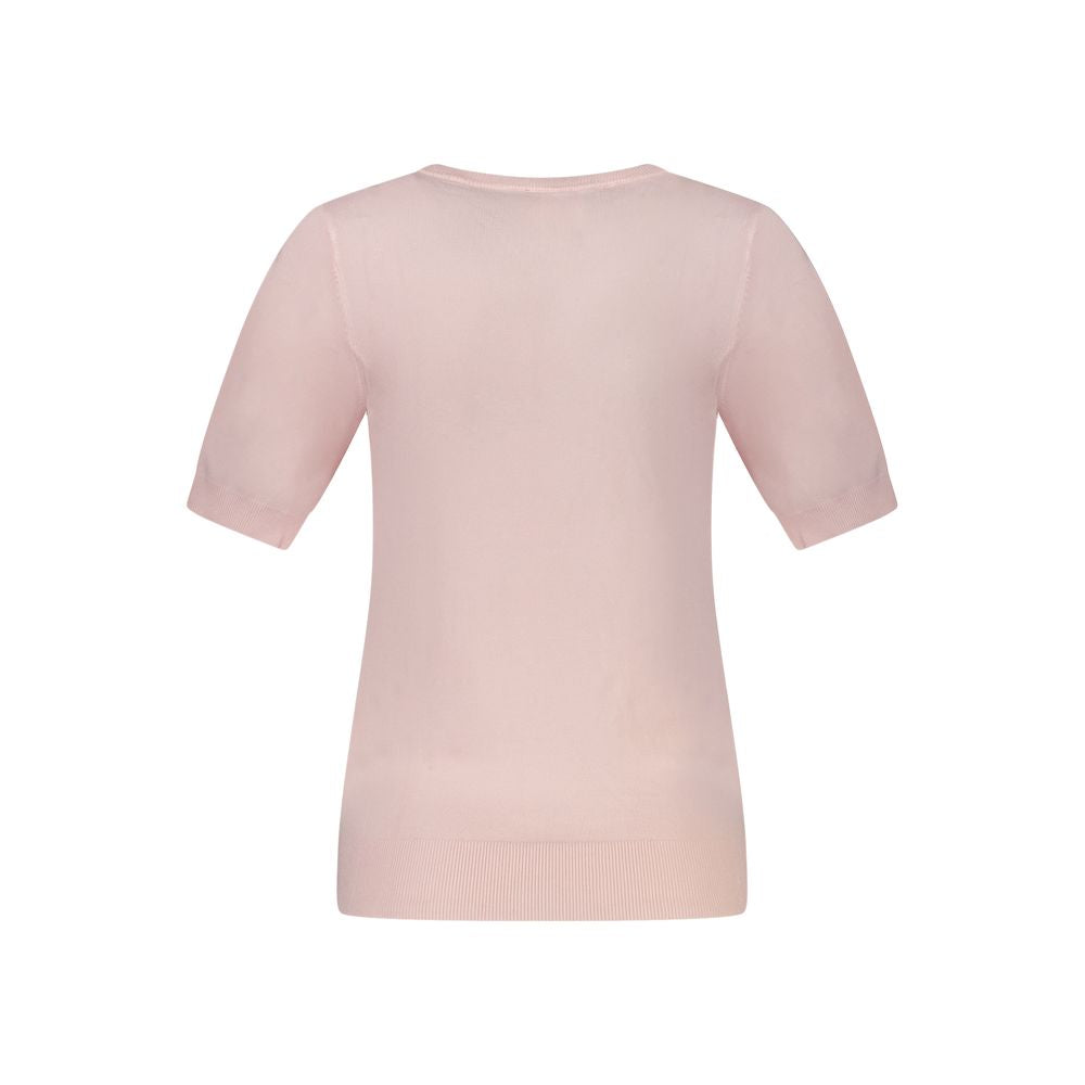Back view of Guess Jeans pink viscose women's sweater with short sleeves and contrasting details.