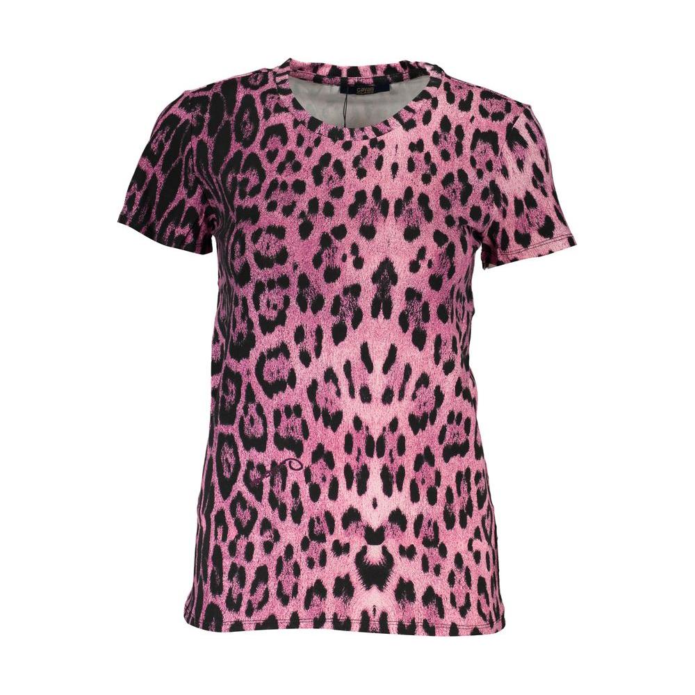 Cavalli Class pink cotton t-shirt with leopard print, short sleeves, crew neck, and logo detailing.