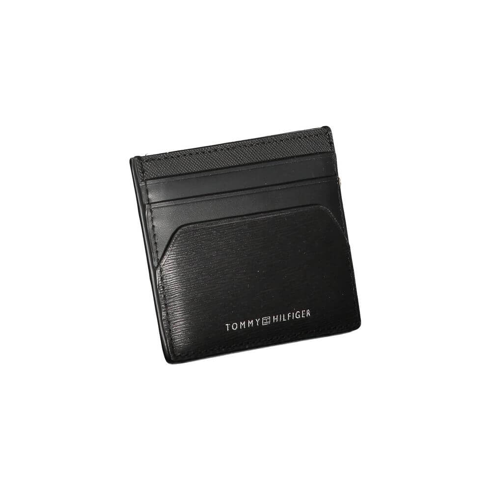 Tommy Hilfiger Black Leather Wallet with card holder and central pocket, featuring brand logo print.