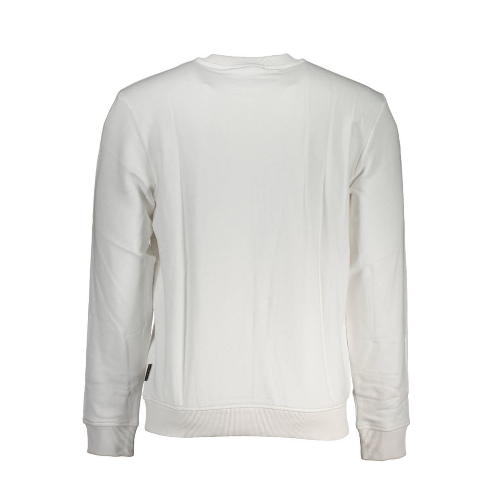 Rear view of Napapijri White Cotton Men Sweater showcasing long sleeves and crew neck design, highlighting brushed texture and brand logo.
