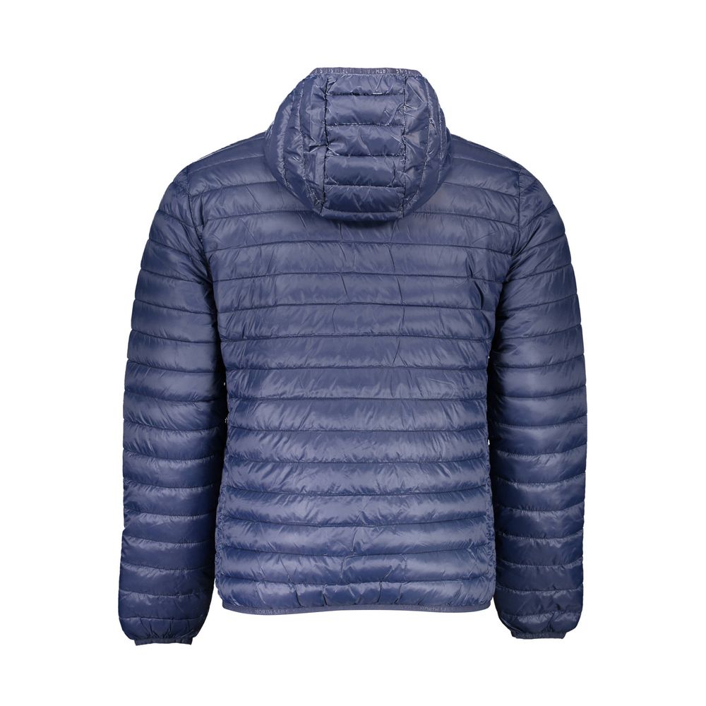 Back view of North Sails Blue Polyamide Men Jacket with hood, showcasing durable and stylish outerwear design.