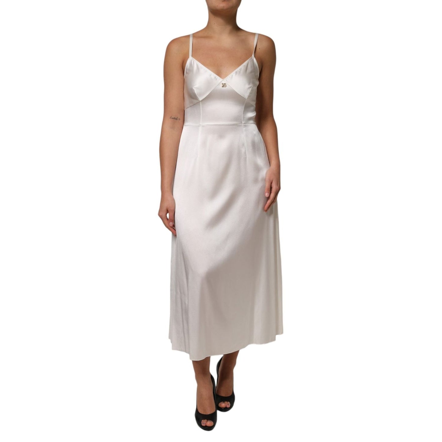 Dolce & Gabbana White DG Logo Full Slip Silk Dress Sleepwear DR81791-46