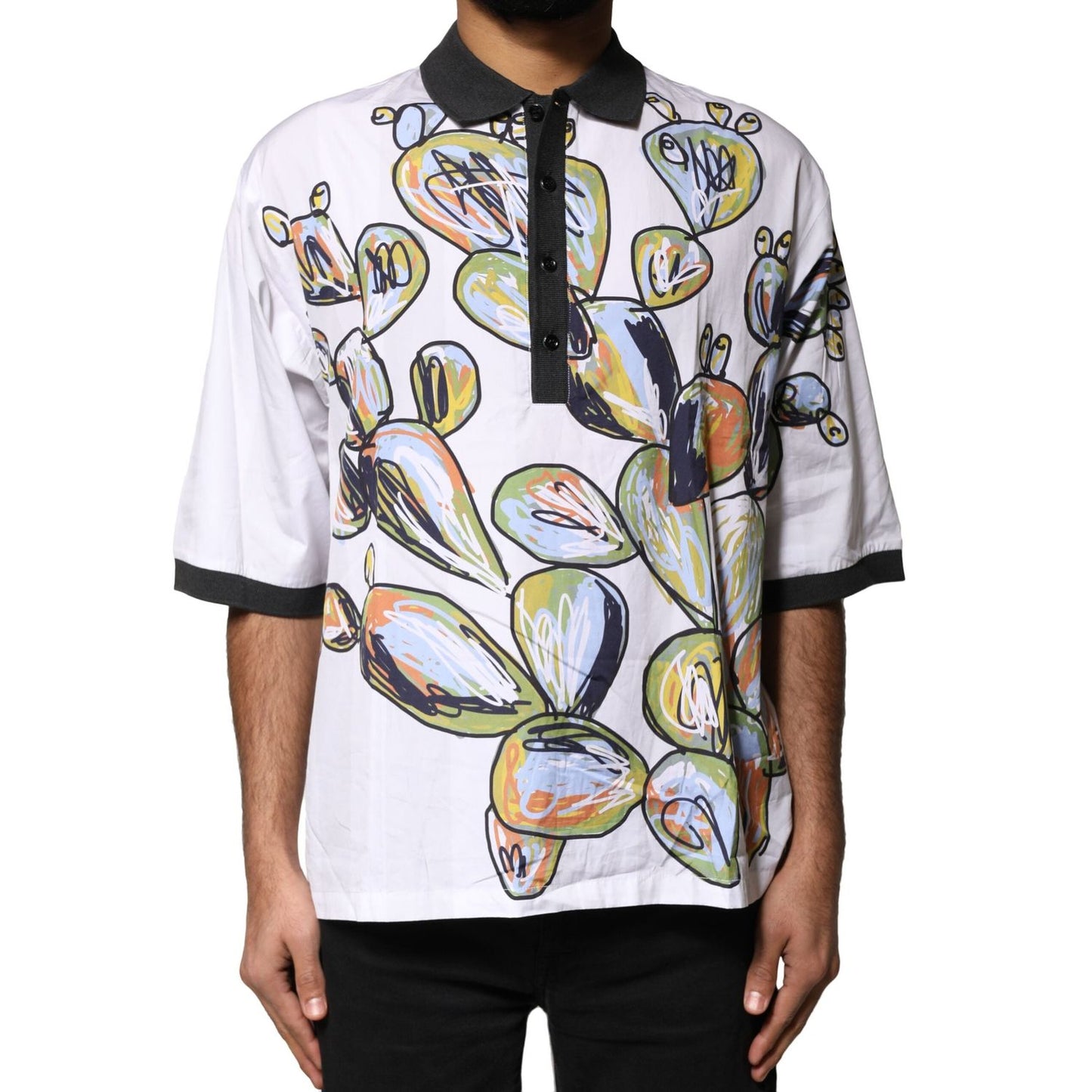 Dolce & Gabbana White Sketch Print Oversized Mens Polo T-shirt TSH91259-48