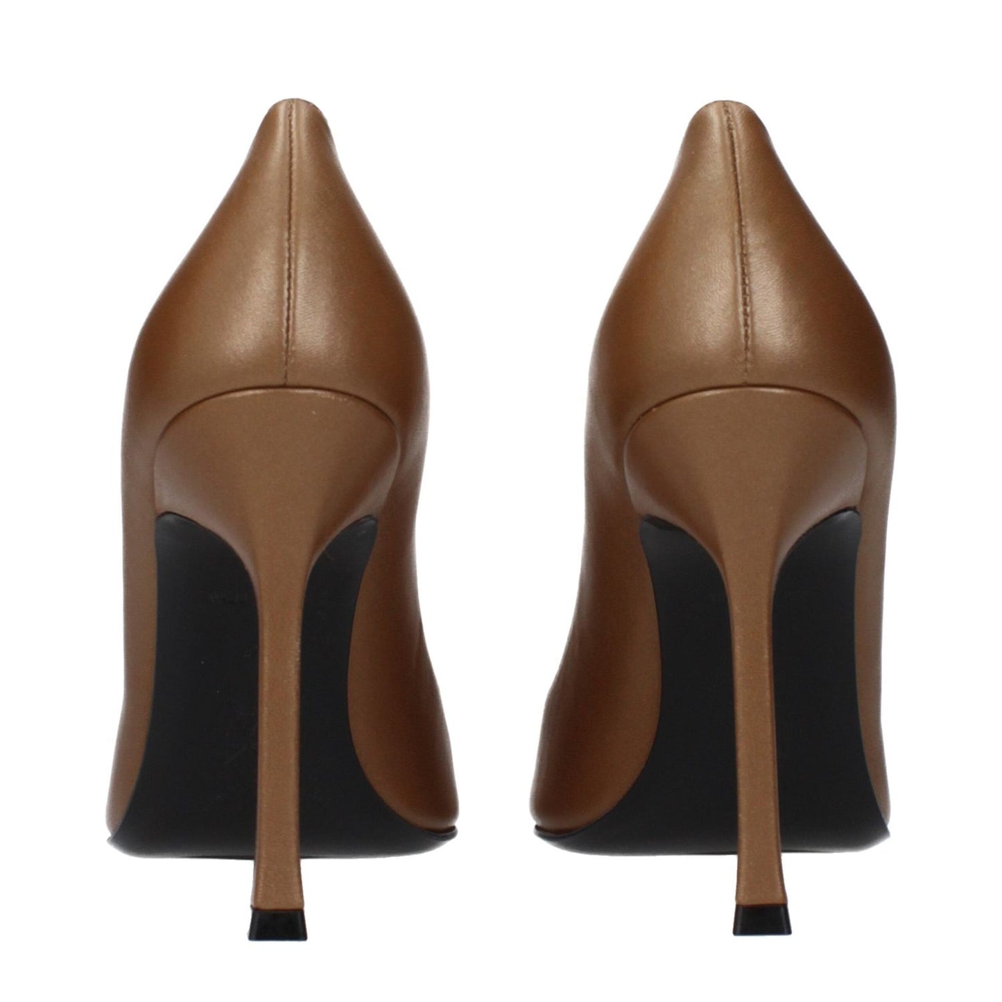 Amina Muaddi Brown Leather High Heel Pumps back view featuring elegant heels and stylish design