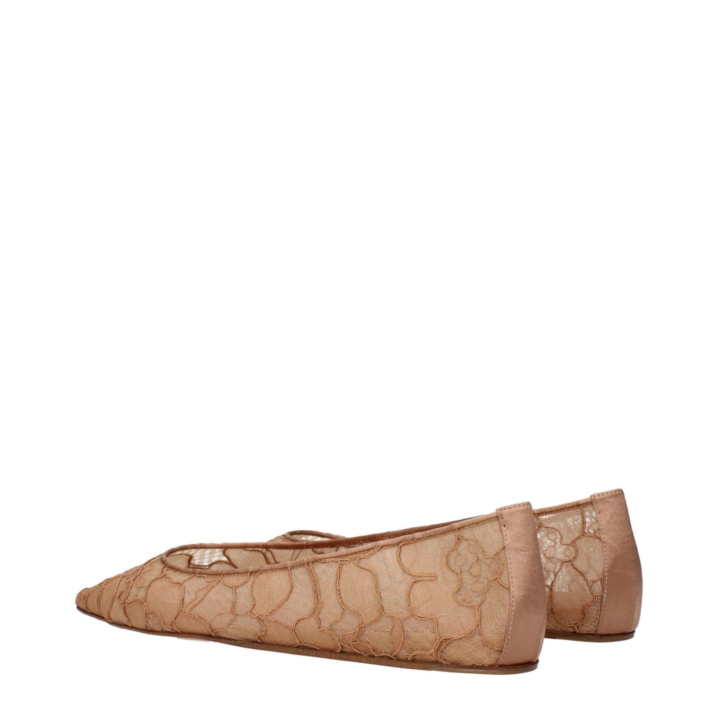 Amina Muaddi Beige Fabric Ballet Flats with lace embellishment, side view of elegant beige flats with intricate lace detail.