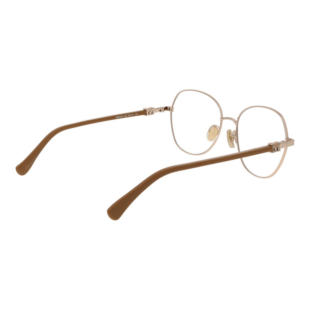 Max Mara Gold Metal Glasses (Frames) with butterfly style, full-rim design, gold metal frame, and plastic demo lenses. Size 54-17-140.