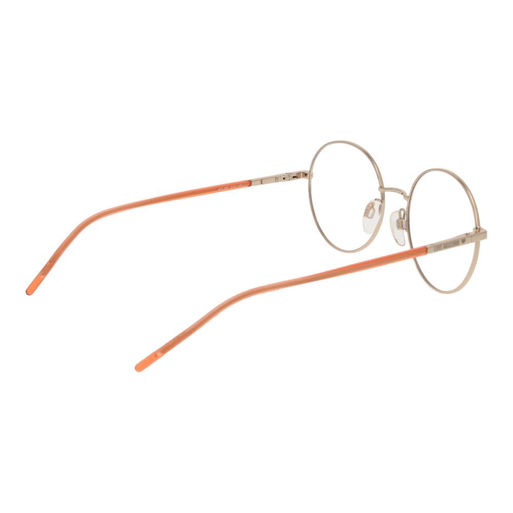 Love Moschino Gold Metal & Plastic Glasses (Frames) round full-rim design with orange temples, model for women.