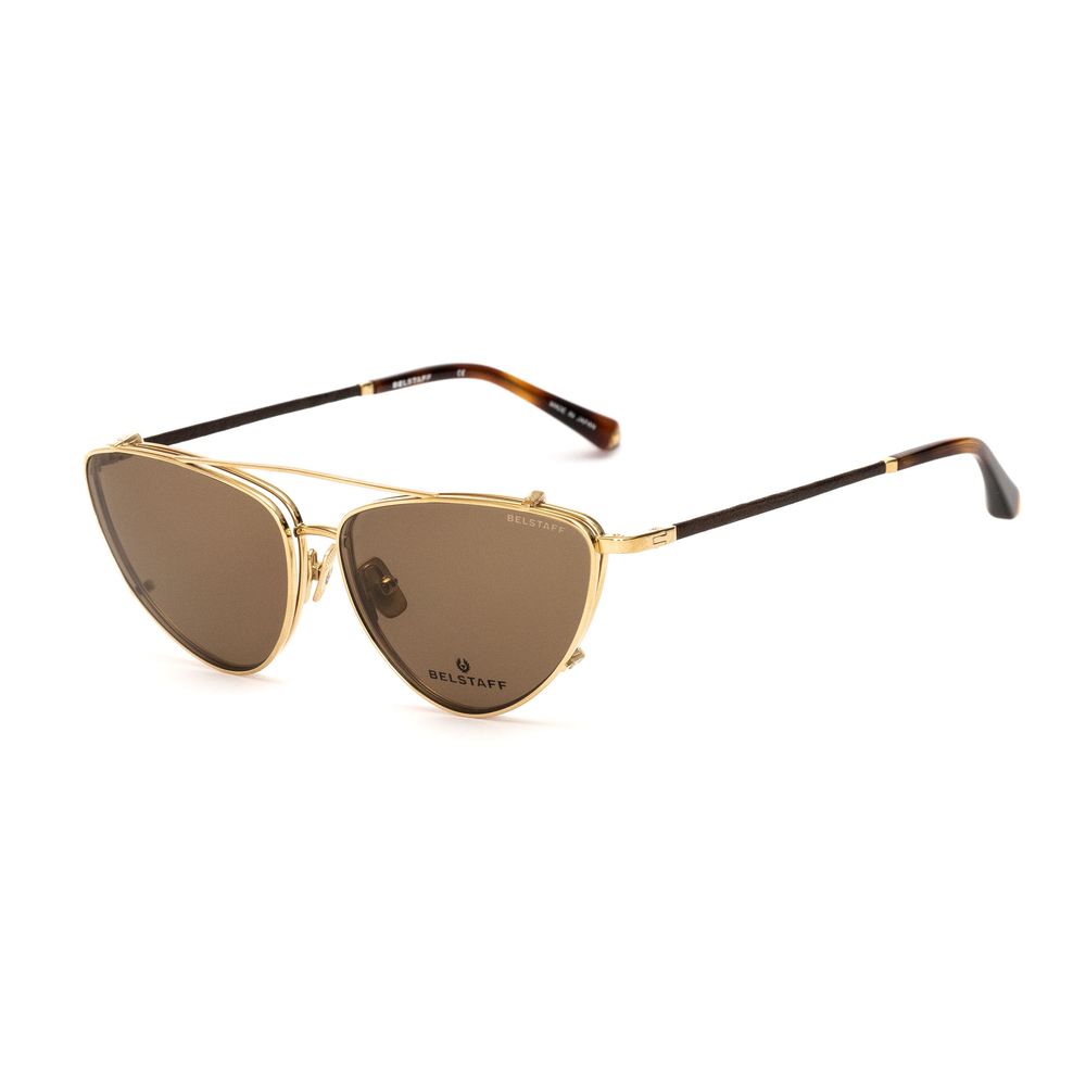 Belstaff Gold Acetate Frames, handcrafted with premium Mazzucelli and Japanese acetate, featuring brown lenses and high-grade finishes.