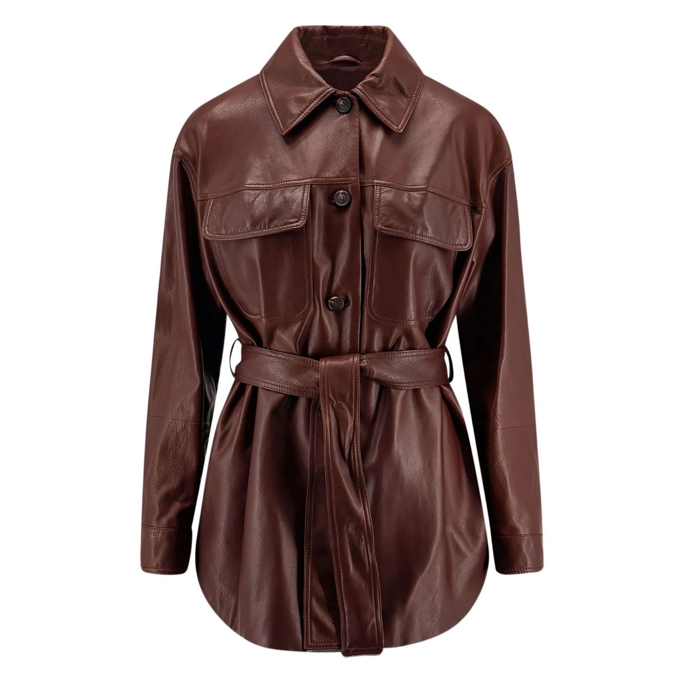 Brunello Cucinelli Jackets Bordeaux leather jacket, long sleeves, button fastening, pointed collar, belt at waist, true to size fit.