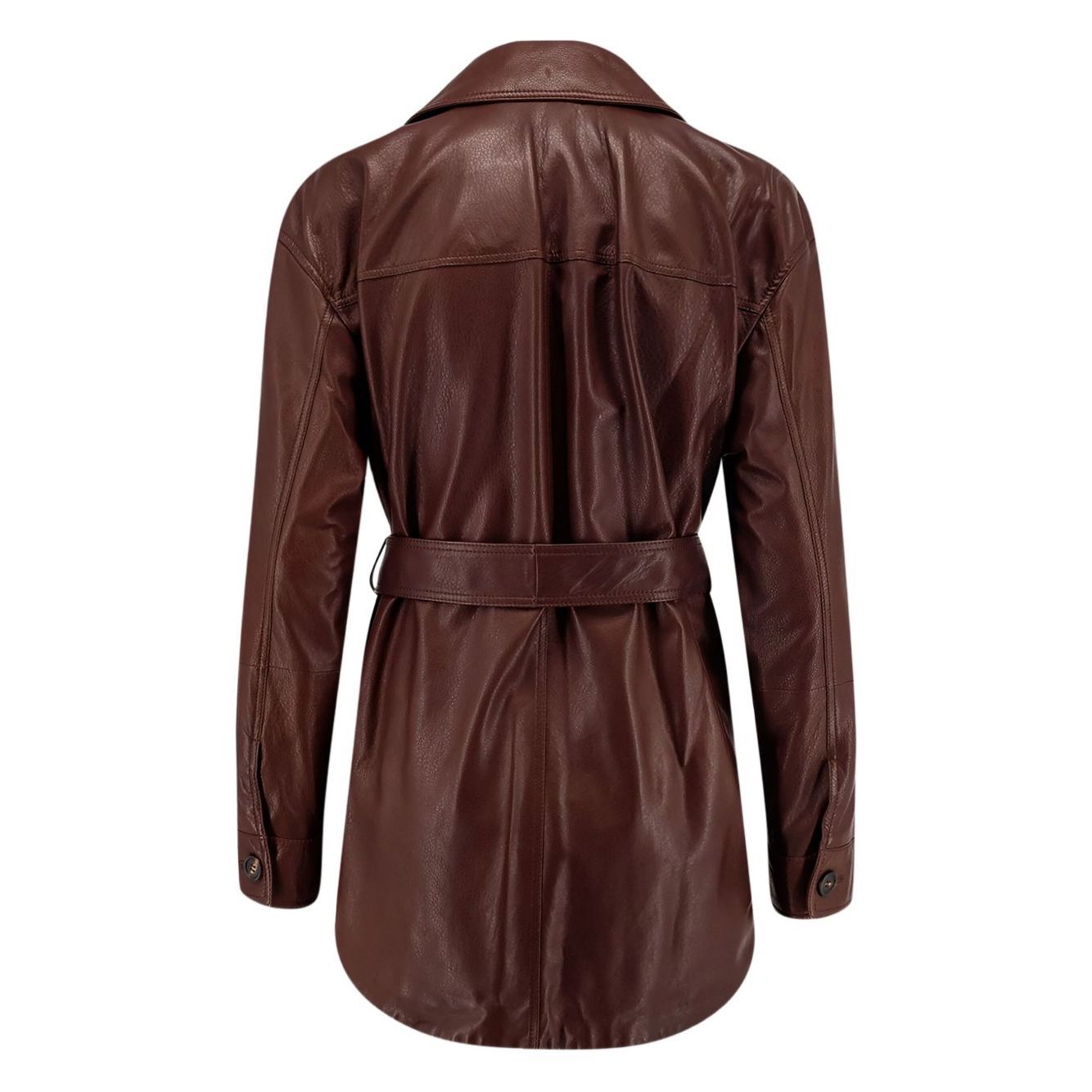 Brunello Cucinelli Jackets Bordeaux - Leather jacket with long sleeves, belt, button fastening and a pointed collar.