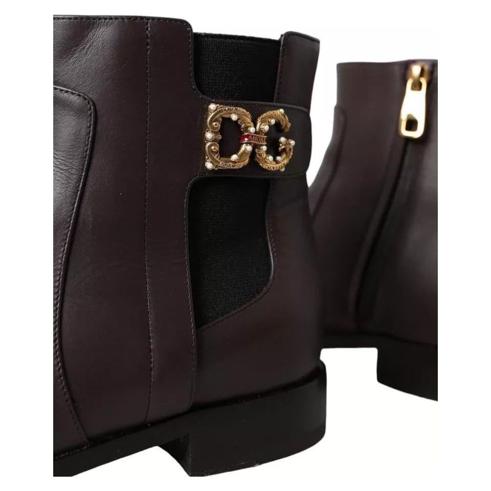 Dolce & Gabbana Brown Leather AMORE Flats Ankle Boots Shoes LA10908-37.5