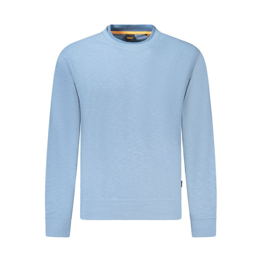 Hugo Boss Blue Cotton Men Sweater, luxurious long sleeve crew neck with contrasting details and iconic logo.