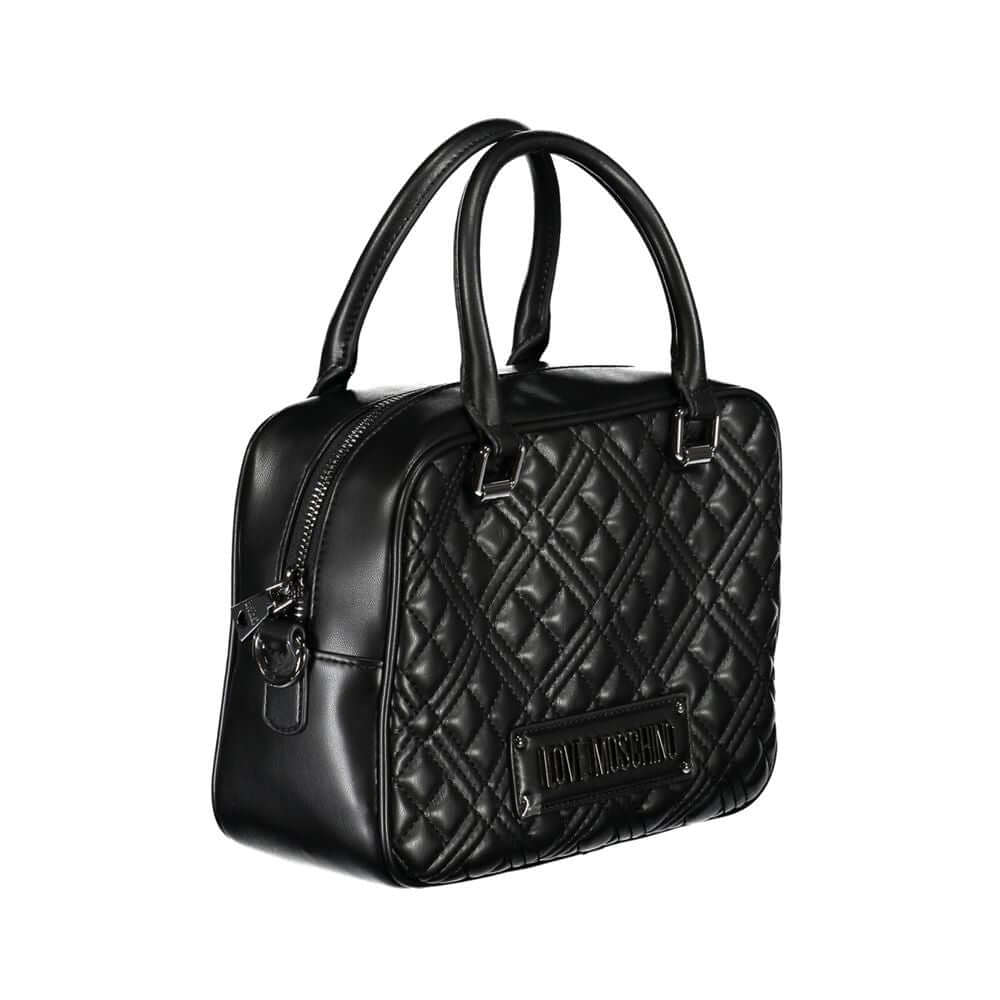 Love Moschino Black Polyethylene Handbag with quilted design, two handles, removable strap, and logo detail on side.