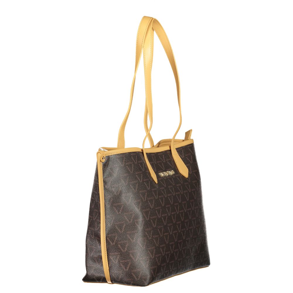Mario Valentino Brown Polyethylene Handbag with yellow handles, featuring two compartments and central pockets, with zip closure.