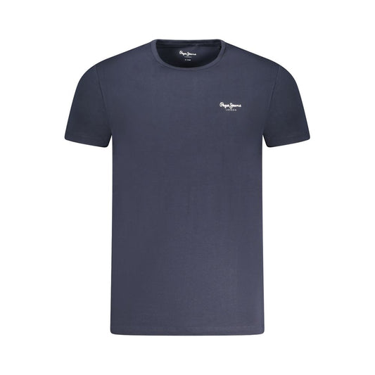Pepe Jeans Blue Cotton Men T-Shirt with logo displayed, slim-fit crew neck made of 95% cotton, essential for style and comfort.