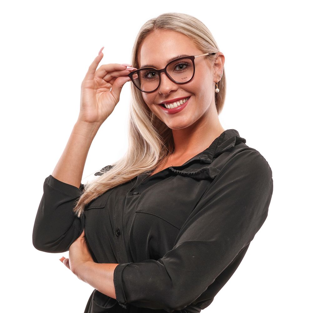 Woman wearing Tod's Brown Metal & Plastic Glasses (Frames) with full-rim round style and demo lenses.