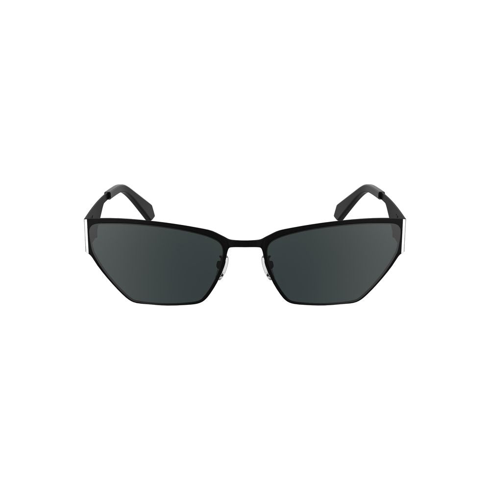 Calvin Klein black metal sunglasses with angular design, featuring dark lenses, front view on white background.