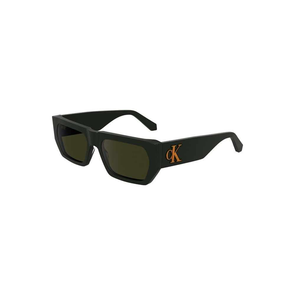 Calvin Klein green acetate men's sunglasses with rectangular lenses, featuring eco-friendly design and signature CK logo on the side.