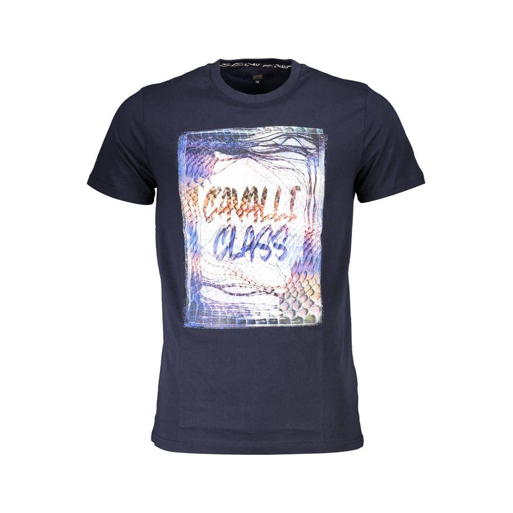 Cavalli Class blue cotton men's T-shirt with striking print and logo detailing, perfect for fashion-forward style.