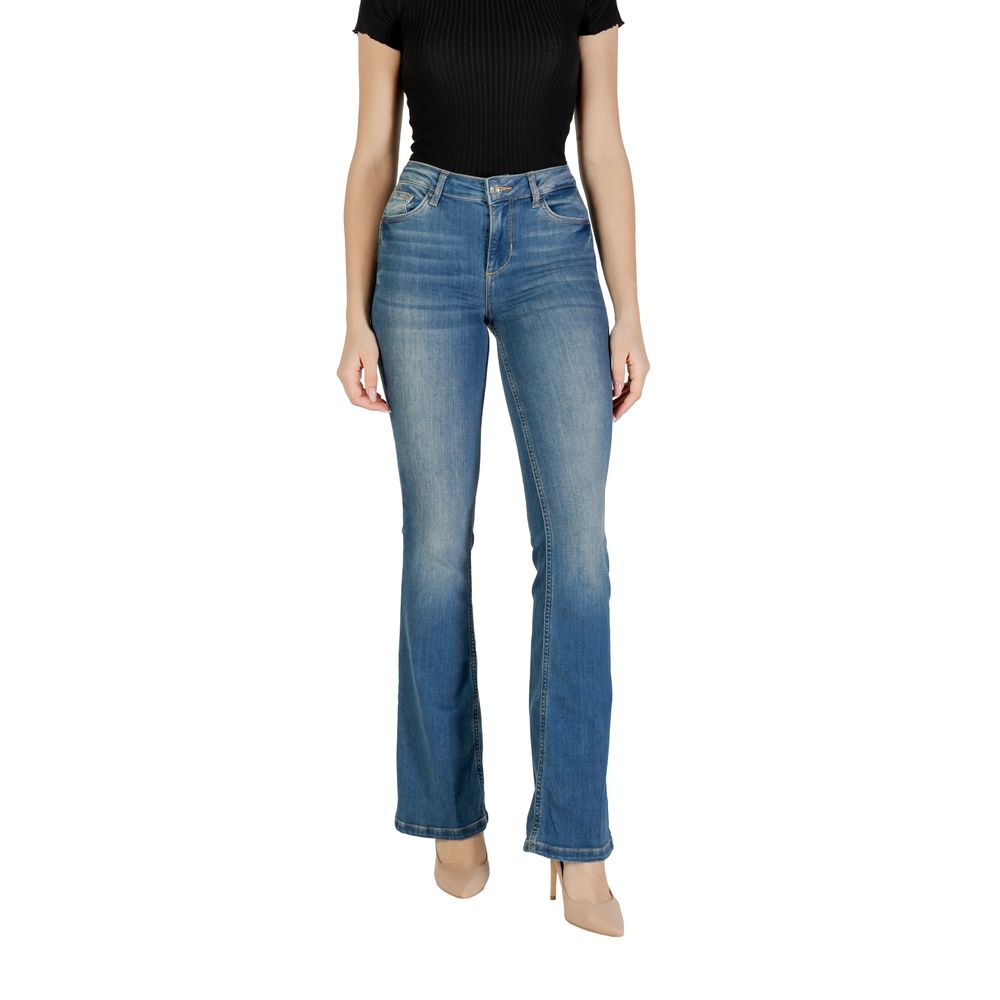 Woman wearing Liu Jo Blue Cotton Jeans with bootcut and flared design, showcasing a high waist and comfortable fit for casual wear.