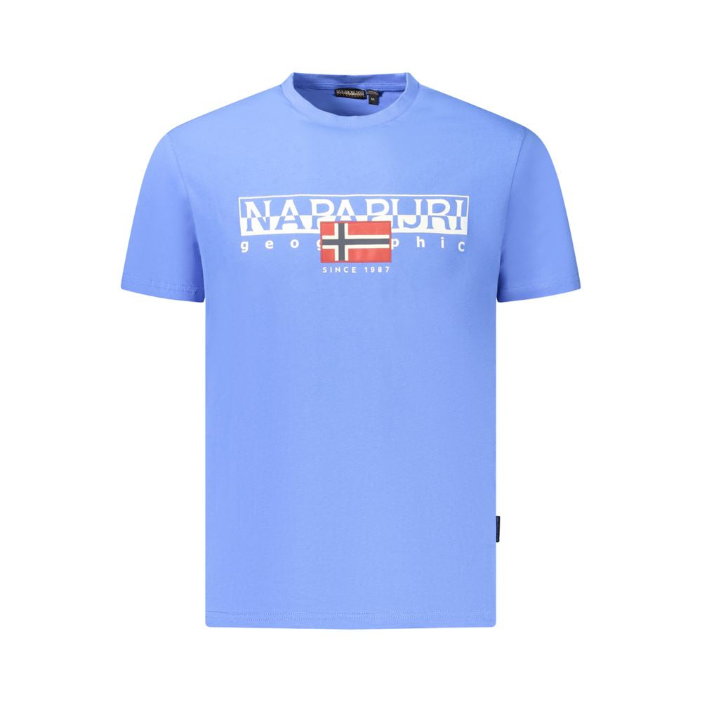 Napapijri blue short-sleeved cotton men’s T-shirt featuring iconic logo and vibrant print, perfect for sustainable fashion.