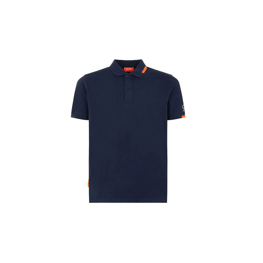 Blue cotton polo shirt with ribbed collar, front button closure, and logo on left sleeve by Suns.
