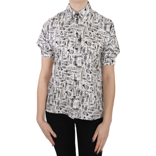 Dolce & Gabbana Trumpet Print Button Front Silk Top Blouse TSH3227-36