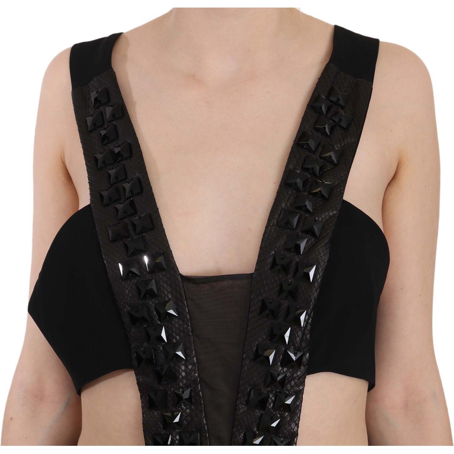 John Richmond Black Crystal Leather Gown Flare Dress