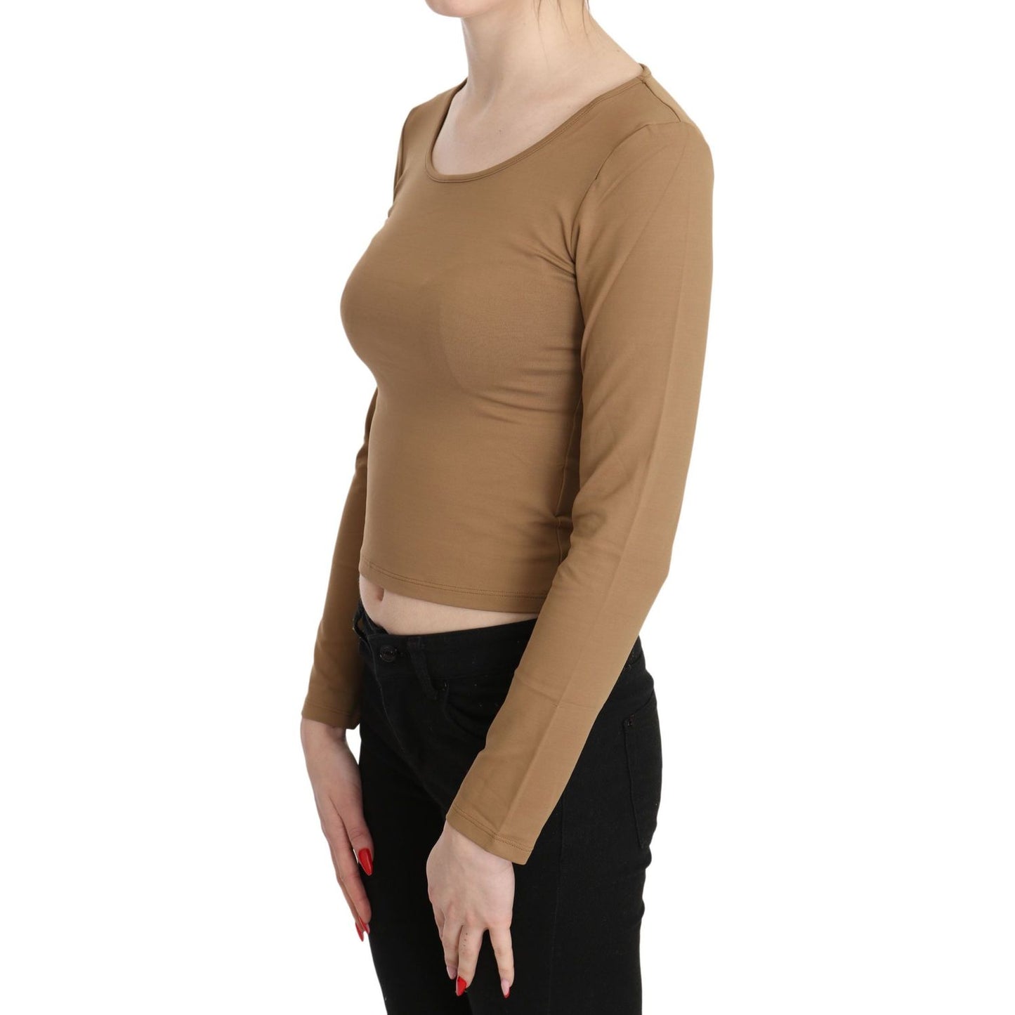 GF Ferre Brown Round Neck Long Sleeve Slim Crop Top Blouse TSH3428-40