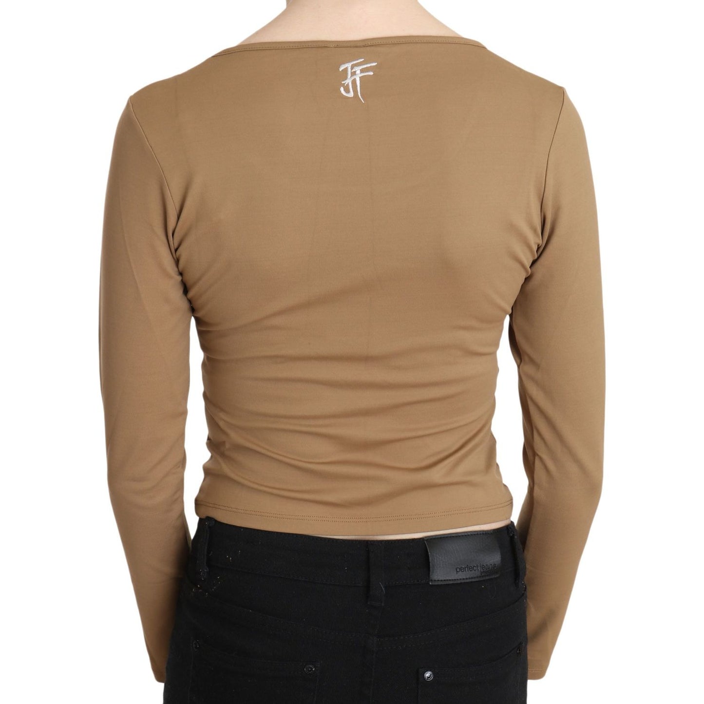 GF Ferre Brown Round Neck Long Sleeve Slim Crop Top Blouse TSH3428-40