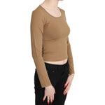 GF Ferre Brown Round Neck Long Sleeve Slim Crop Top Blouse TSH3428-40