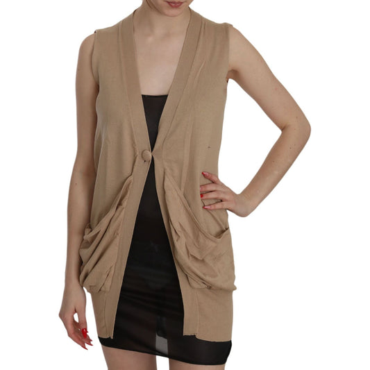 PINK MEMORIES Brown 100% Cotton Sleeveless Cardigan Top Vest TSH3469-40