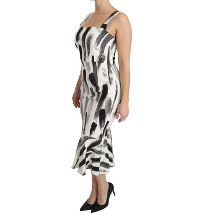 Dolce & Gabbana White Black Printed Sheath Midi Viscose Dress