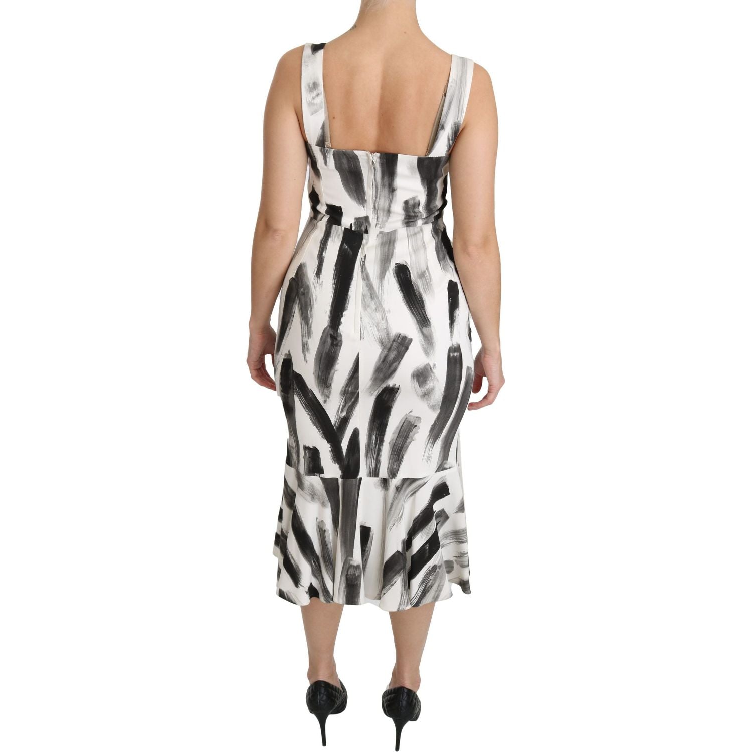 Dolce & Gabbana White Black Printed Sheath Midi Viscose Dress