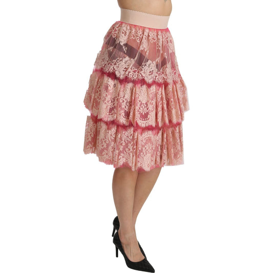 Dolce & Gabbana Pink Lace Layered High Waist Knee Length Skirt SKI1346-40