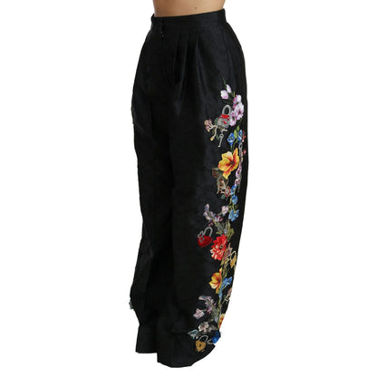 Dolce & Gabbana Black Brocade Floral Sequined Beaded Pants