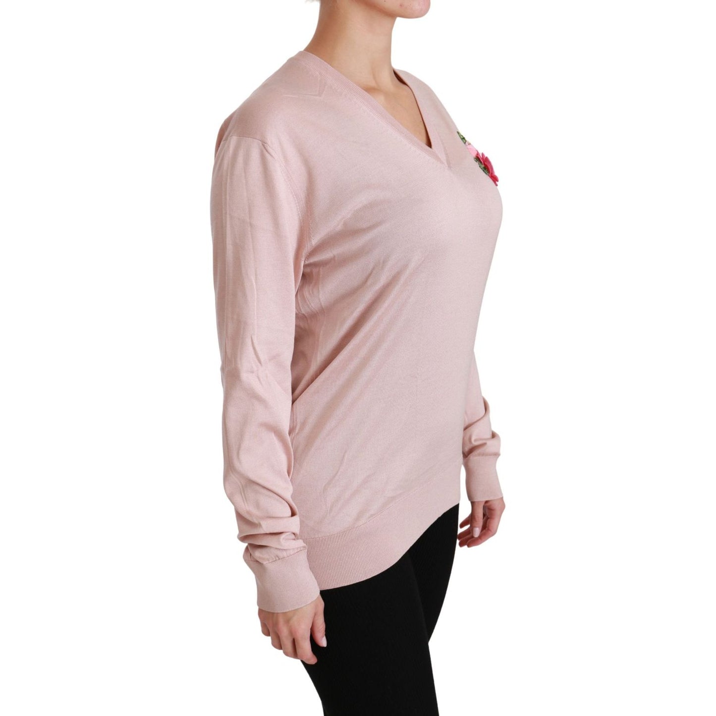 Dolce & Gabbana Pink Floral Embellished Pullover Silk Sweater