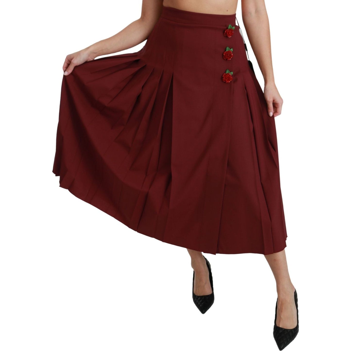 Dolce & Gabbana Red High Waist Pleated Maxi Wool Skirt