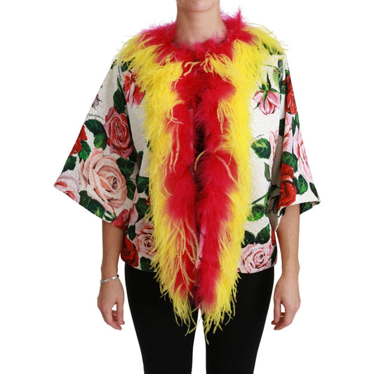 Dolce & Gabbana White Floral Coat Capte Fur Roses Jacket JKT2573-40