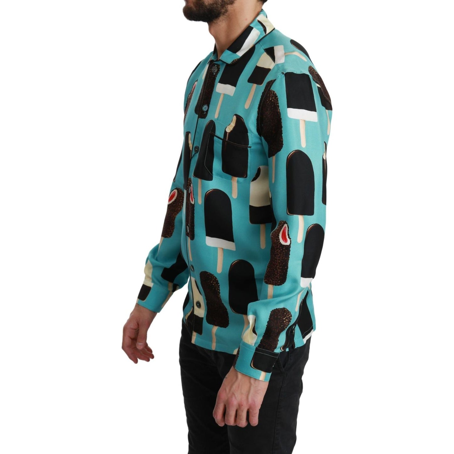 Dolce & Gabbana Blue Silk Ice Cream Print Casual Shirt