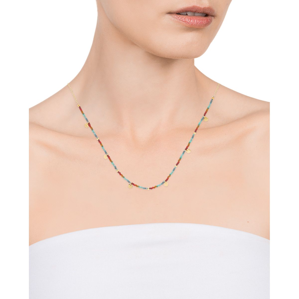 VICEROY JEWELS Mod. 13038C100-96 silver necklace worn by model, showcasing elegant design and colorful beads.