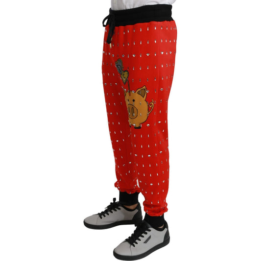Dolce & Gabbana Red Piggy Bank Cotton Crystal Trousers Pants PAN70957-44